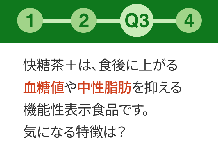 質問３：快糖茶＋は、食後に上がる血糖値や中性脂肪を抑える機能性表示食品です。気になる特徴は？